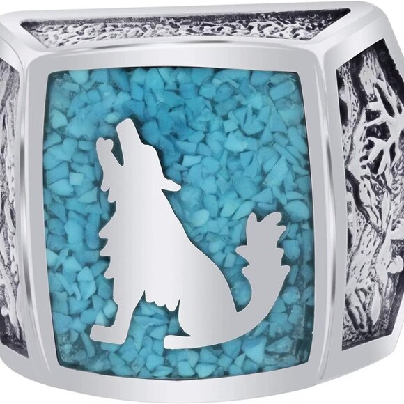 New Mens Southwest Turquoise How Call Wolf Ring - Picture 2 of 4